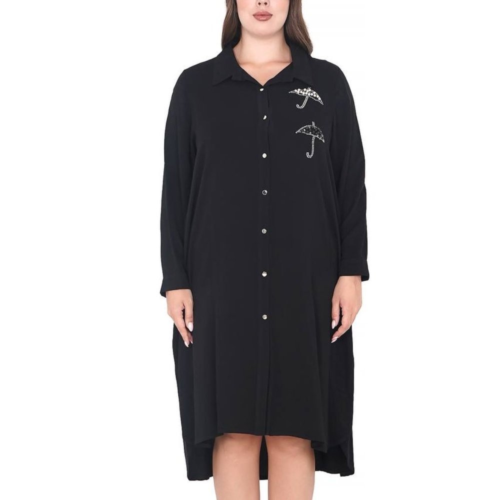 Designer Black Dress Women Applique XL Front Buttons MAYA LONGA